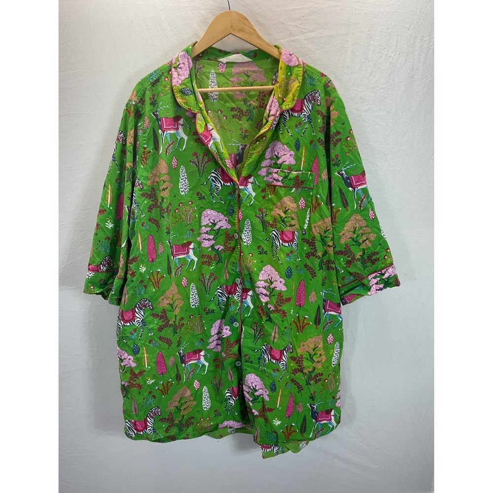 Print Fresh Anthro‎ Women's 2X Organic Cotton Robe Green Animal Pocket Button